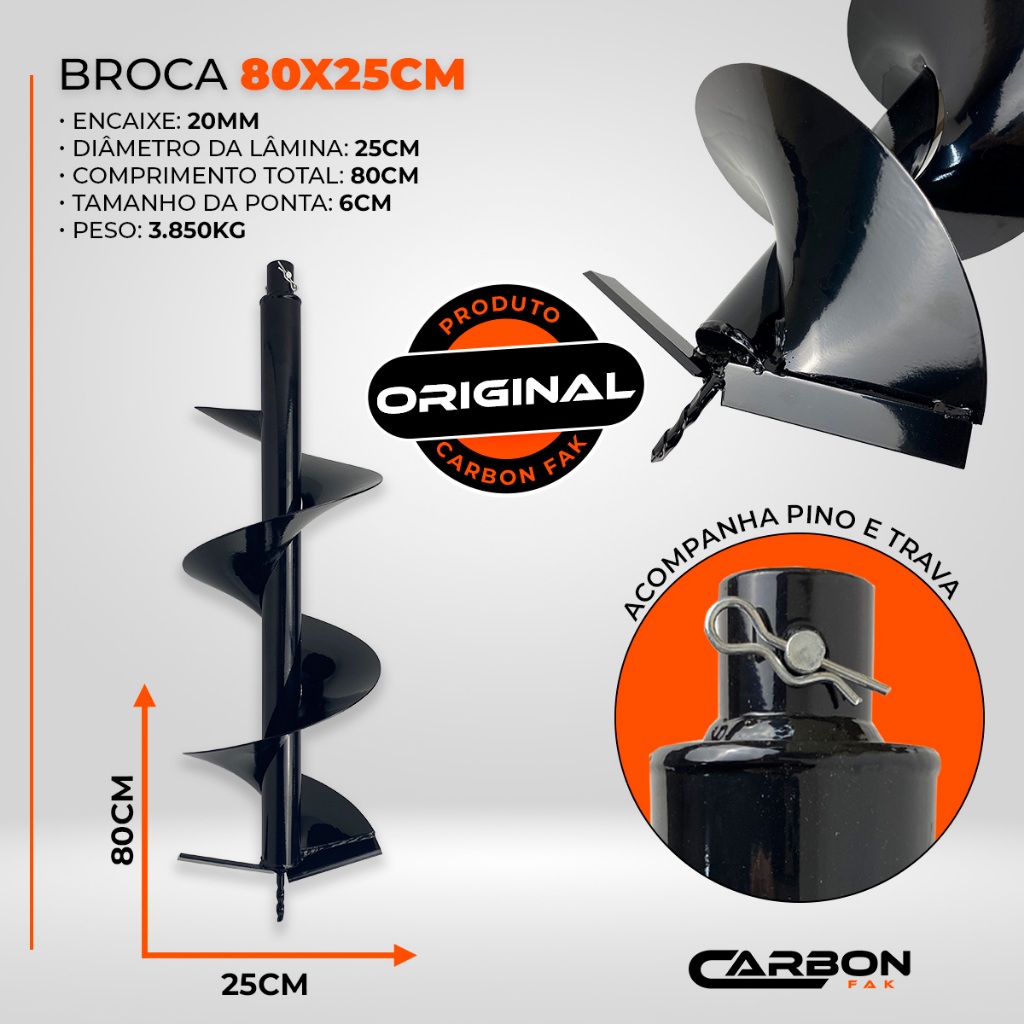 Broca 80x25cm com Pino Trava para Perfurador de Solo Carbon Fak