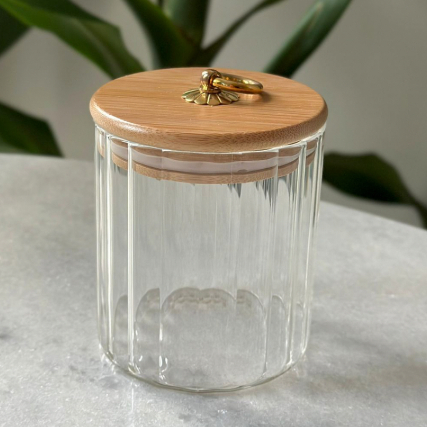 Pote de Vidro hermético com Tampa Bambu CANELADO P TRANSPARENTE  Mantimentos 500ML