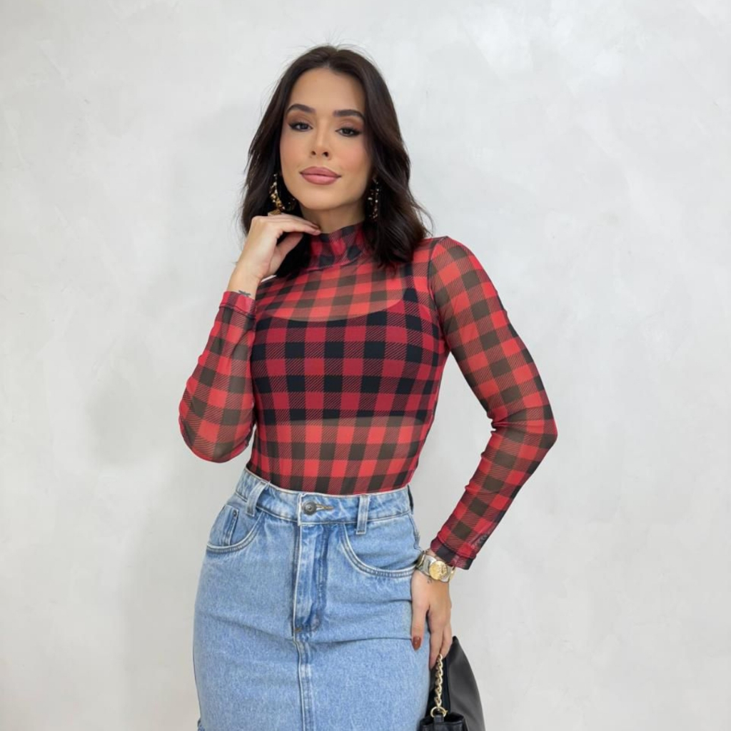 Body Feminino de Tule Xadrez Transparente Gola Alta e Manga Longa Moda Inverno Elegante