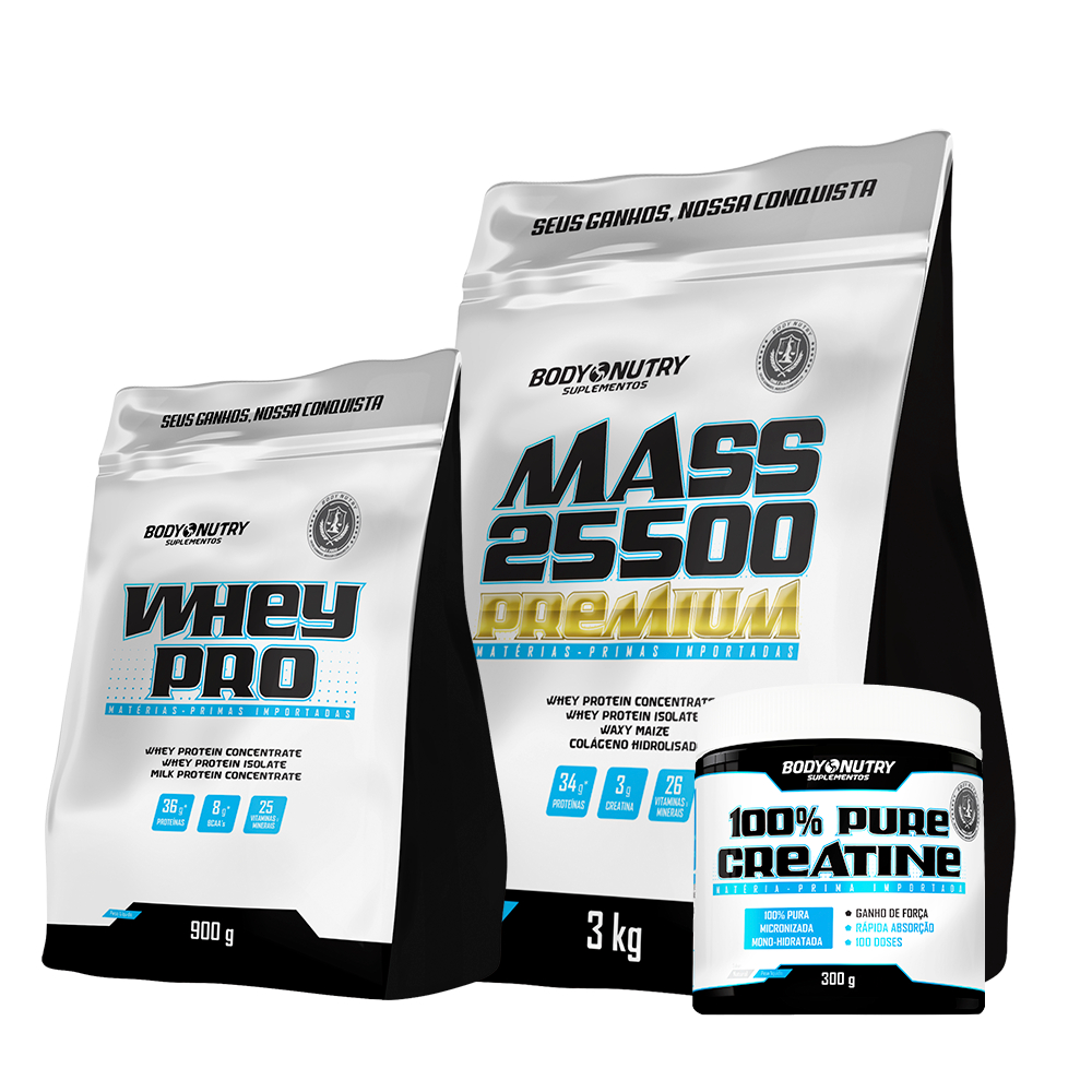Kit Academia Completo (Hipercalórico + Whey + Creatina 100% Pura) Body Nutry ORIGINAL em Oferta na Shopee