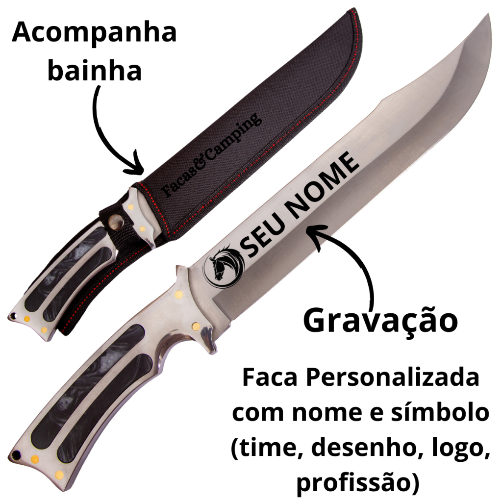 Facão Gravação Personalizada 40cm Caça Pesca Churrasco Com Bainha em Oferta na Shopee