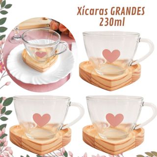 Jogo Xícaras Café Chá com Pires  Madeira Coração Rosa Presente Criativo Mesa Posta Cantinho do Café em Oferta na Shopee
