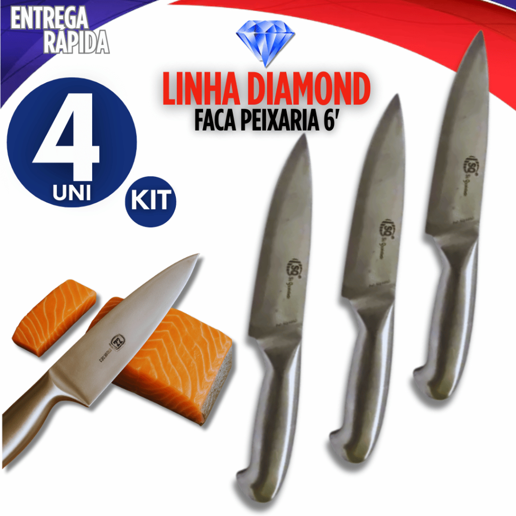 Jogo 4 Faca Peixeira em Inox Linha Texas 6' Polegadas Cabo Inox Cortar Premium Carnes Verduras Legumes para Cozinha