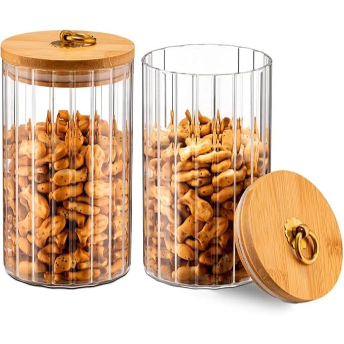 Pote de Vidro CANELADO M TRANSPARENTE Porta Mantimentos Hermético Tampa Bambu (M 750ML)