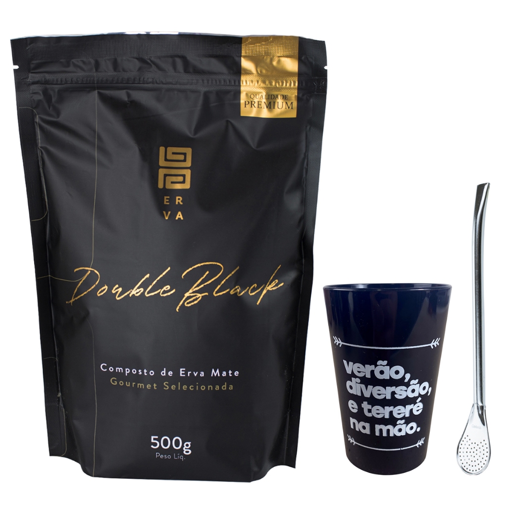 Kit Completo Terere Copo Cuia 350ml de Plastico + Bomba Classica 19cm + Erva Mate Black Erva 500g