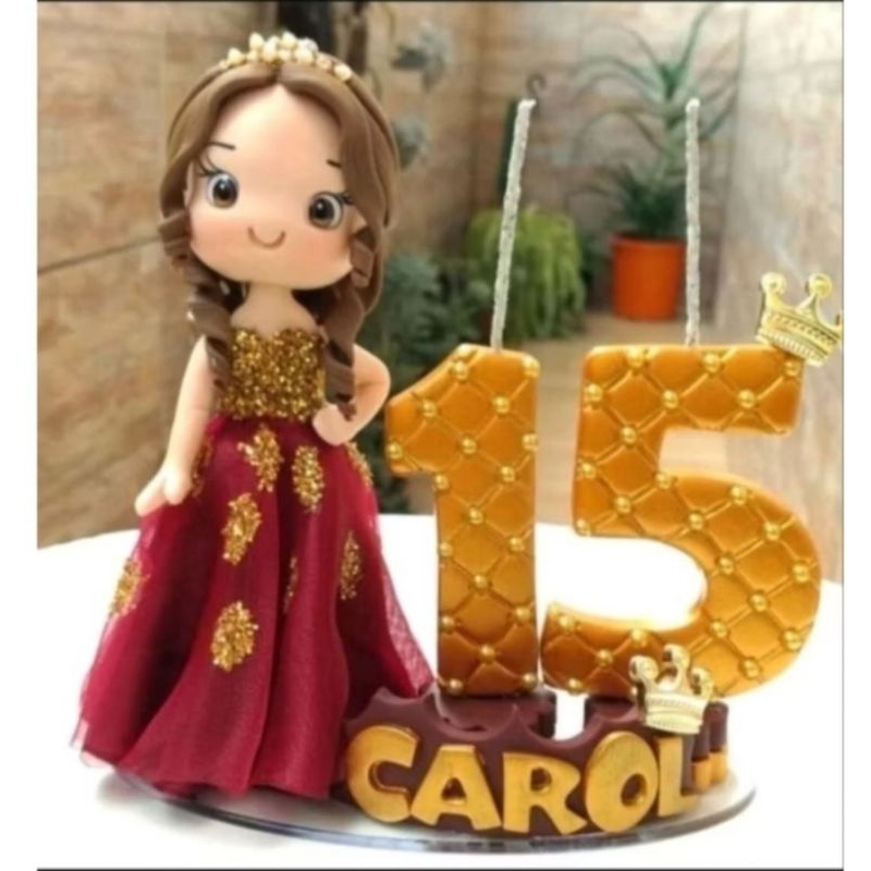 Vela Topo De Bolo Debutante De Biscui/ Topo De Bolo Debutante 15 Anos Cores metálicas  Rosê/Dourado e Prata/Topo Biscuit