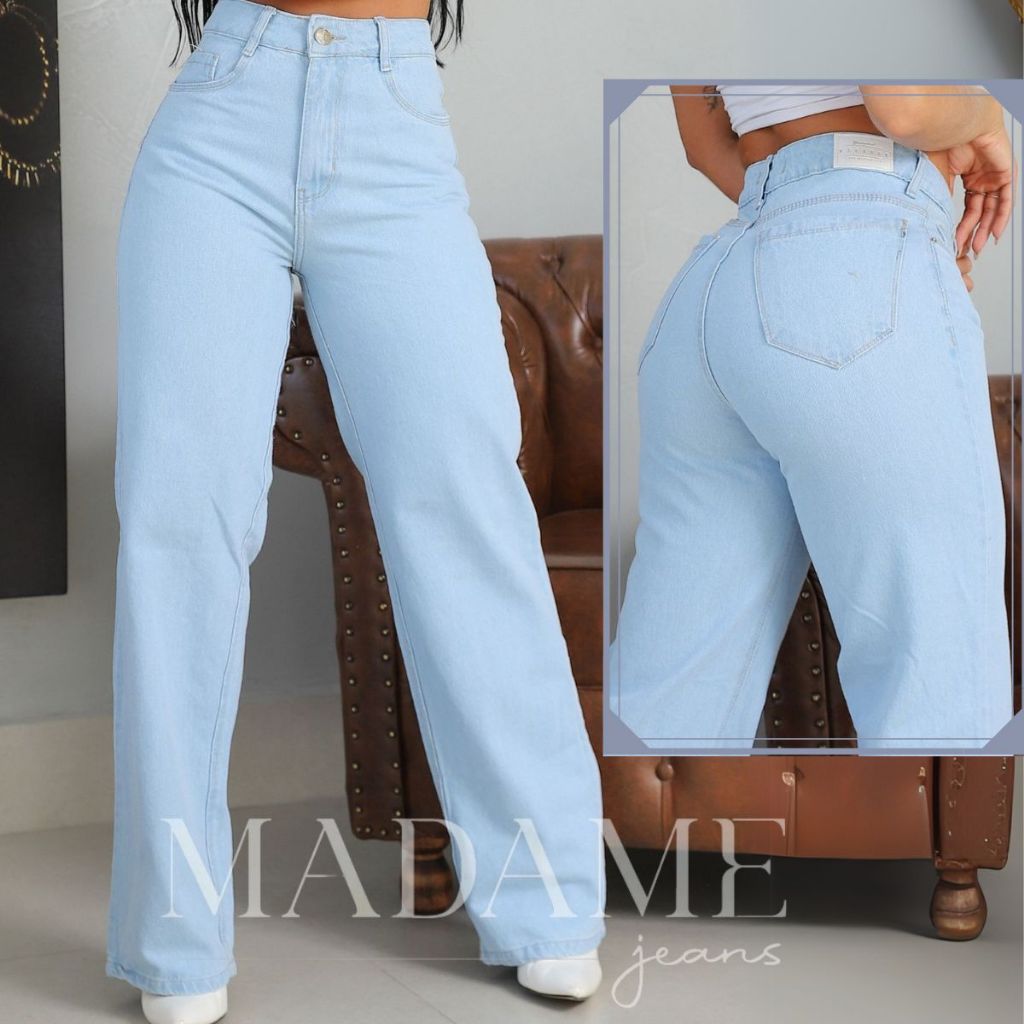 calça jeans wide leg feminina cintura alta clara lisa