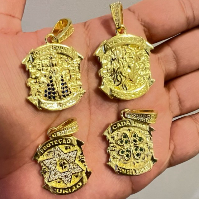 PINGENTE MOEDA ANTIGA RELIGIOSO MEDIO SORTE NSA SENHORA FATIMA JESUS CRISTO CORAÇÃO ESTRELA DAVI 18K