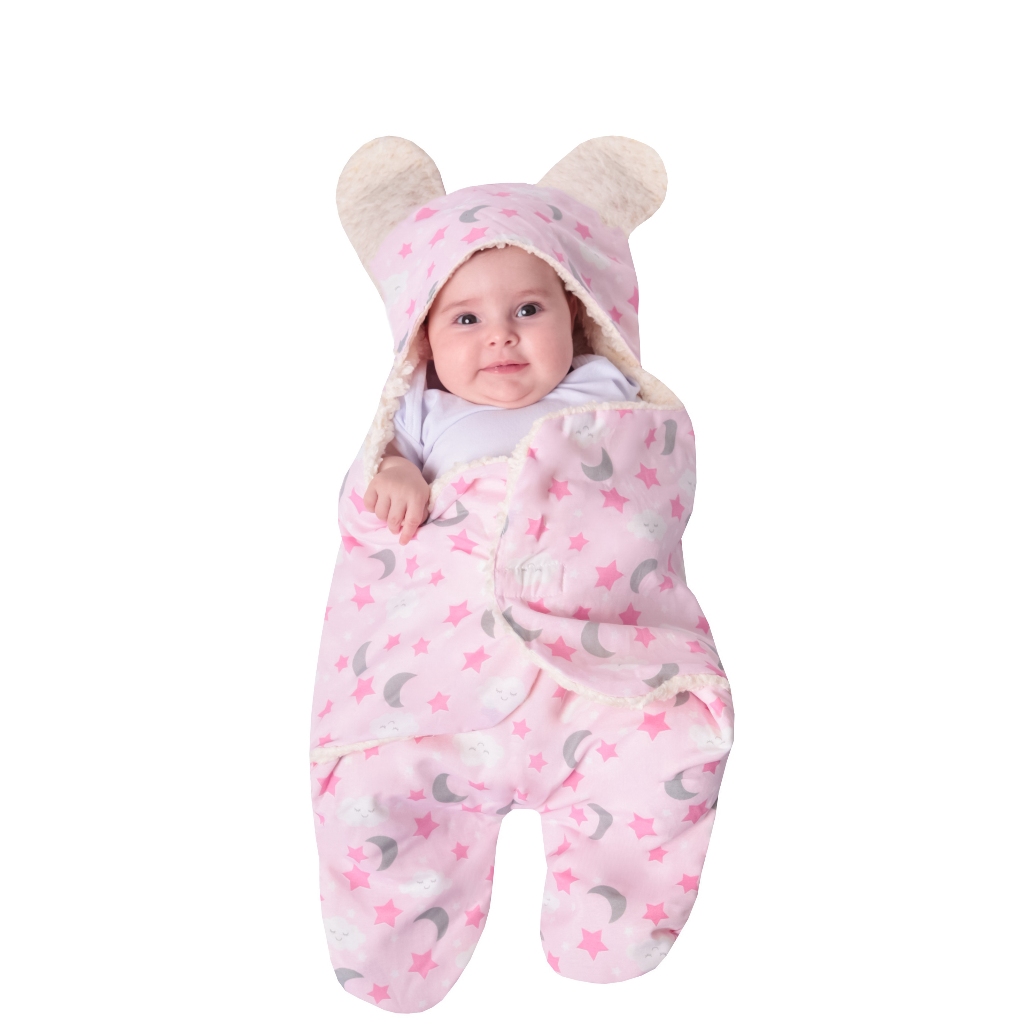 Saco de dormir charutinho para bebê com sherpa enroladinho com touca ursinho