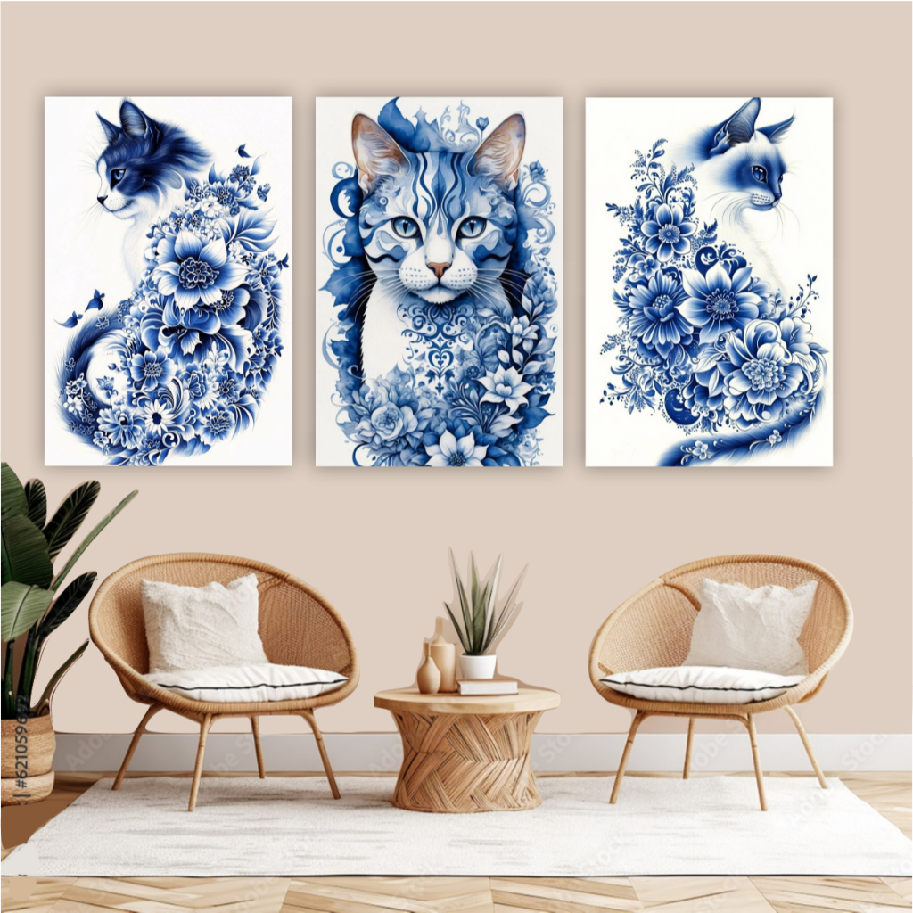 Quadro decorativo 3 peças gato azul flores decoração para sala quarto varanda pet shop