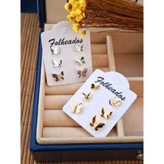 Trio de Brincos Folheado a Ouro - Prata  Borboletas em Oferta na Shopee