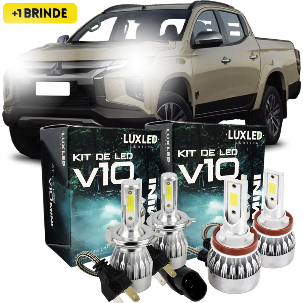 Kit Ultra Led Mitsubishi L200 Triton 2012 à 2015 Farol Baixo Alto Milha 6500k 20000 Lumens V10