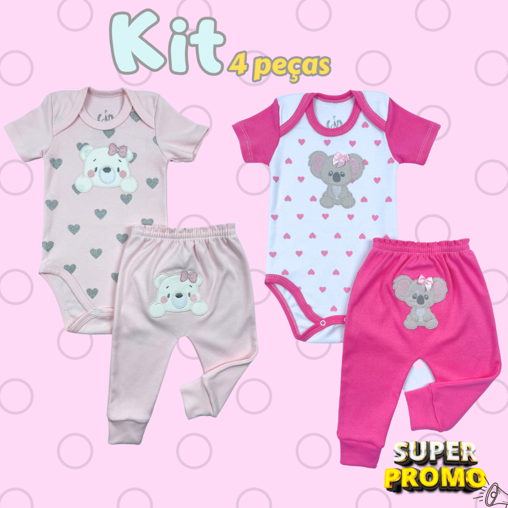 Conjunto Infantil Kit 4 Peças Roupa Bebê Menino Menina - 2 Body + 2 Calças (Mijão) Estampa Bordada