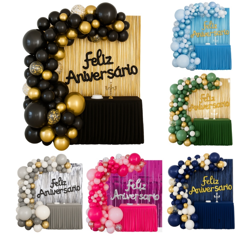 Kit 118 Pcs Balão Feliz Aniversario Cortinas Bexigas Festa Decoração Enfeite Happy Birthday