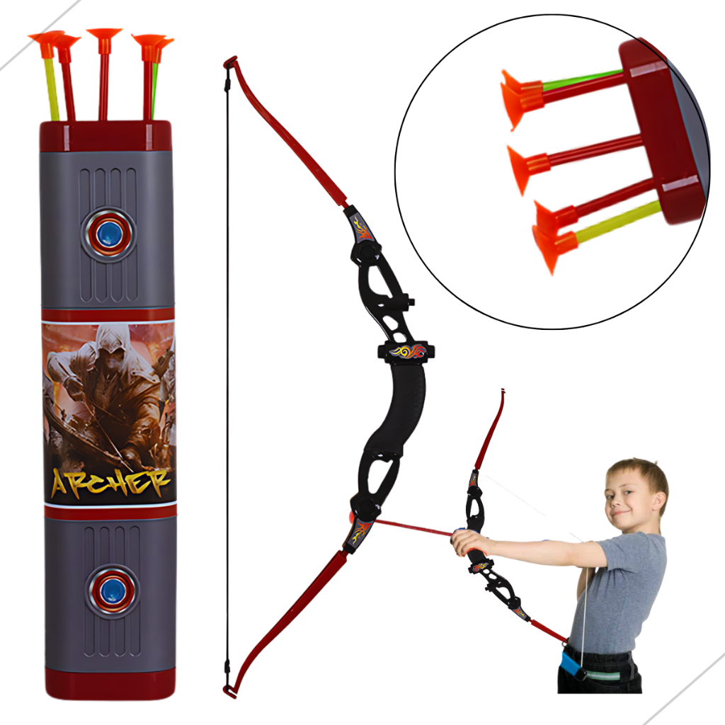 Arco E Flecha Infantil Com Bolsa Aljava Brinquedo Lançador + Dardos Ventosa