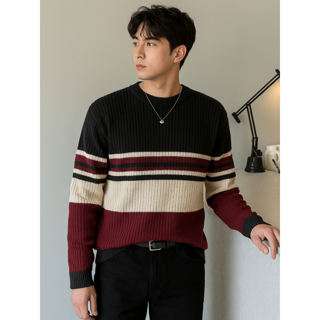 Blusa de Frio Masculina Tricot Suéter Masculino Listrado Blusa Inverno Masculina
