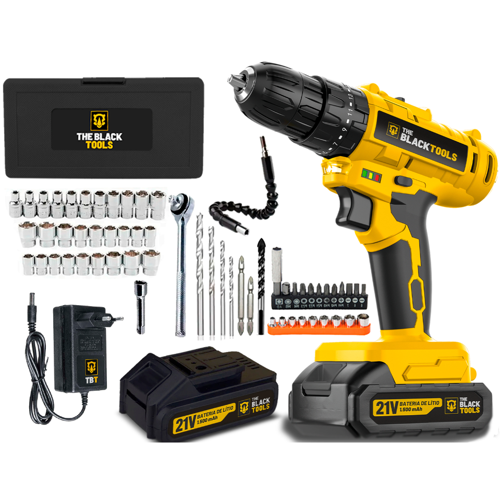 Furadeira Parafusadeira De Impacto 2 Baterias 21v 3/8 Com Jogo De Soquetes 40 Peças The Black Tools - Home & Living