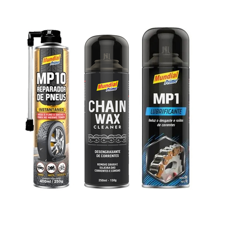 kit Reparo Pneu Limpeza e lubrificação de corrente lubrificante e desengraxante chain wax moto bike kart mundial prime