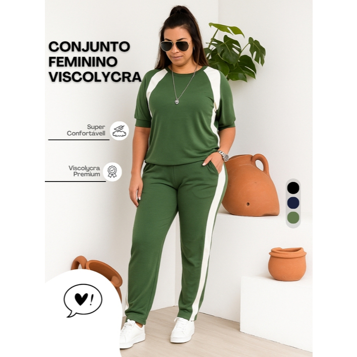 Conjunto feminino em malha viscolycra calça jogguer e blusa longa confortável