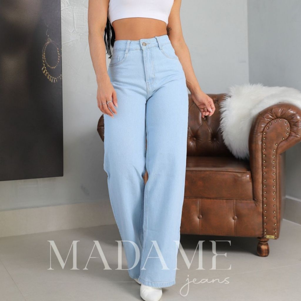 calça jeans feminina wide leg clara boca larga confortavel jeans 100% algodão look casual moderno elegante em Oferta na Shopee