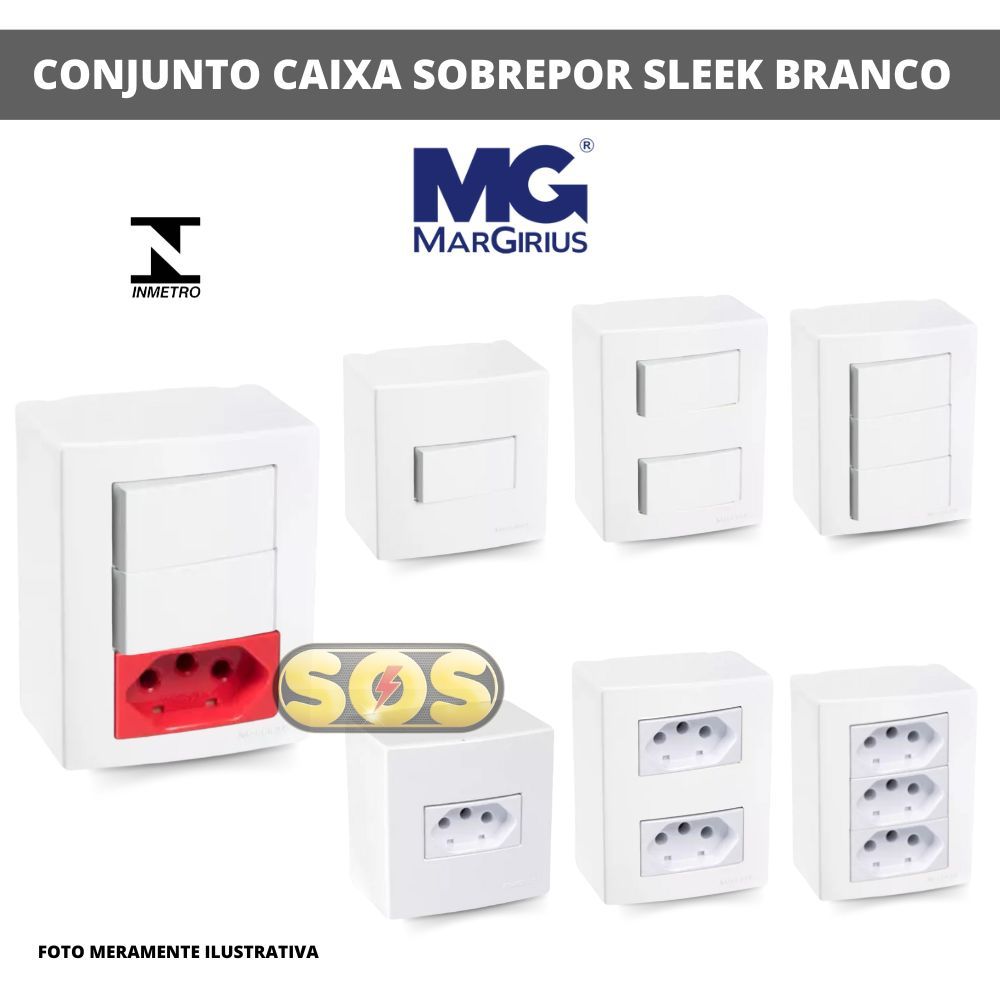 CAIXA DE SOBREPOR INTERRUPTOR SIMPLES, PARALELO, TOMADA 10A, 20A SLEEK BRANCA MARGIRIUS