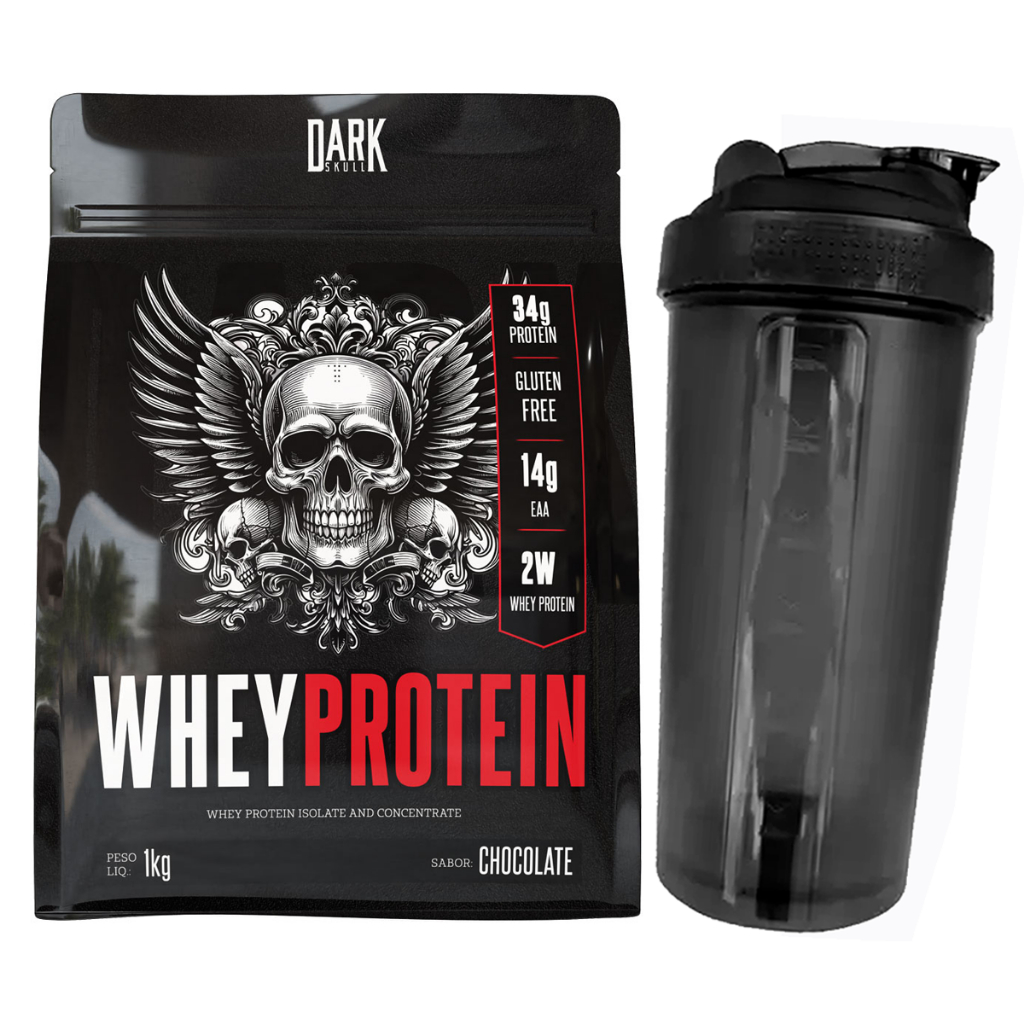 Whey Protein 100% Pure Refil 1kg Dark Skull + Coqueteleira - 34g de proteína por dose - Whey Concentrado e Isolado