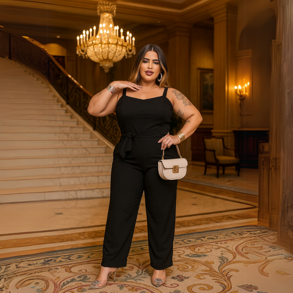 Macacão De Alcinha e Cinto com Amarração Plus Size Social Veste do 46 ao 48