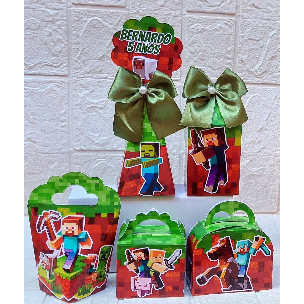 Kit Festa Personalizados Minecraft  | Lembrancinhas Festa Infantil Aniversário Caixinhas Mimos PEGUE E MONTE