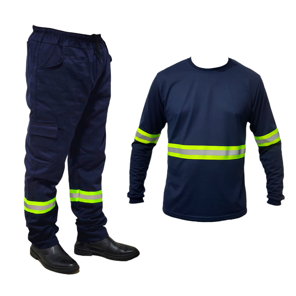 1 Kit Conjunto Uniforme Trabalho Profissional Calça + Camiseta Manga Longa FAIXA REFLETIVA