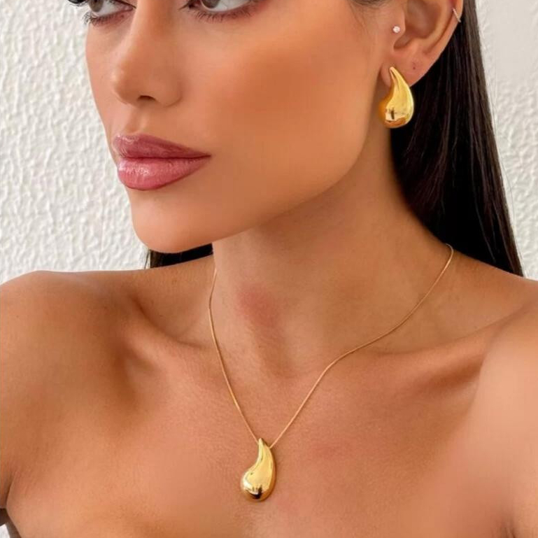 Brinco Feminino E Colar Gota Metal Folheado Curvado Dourado E Prata