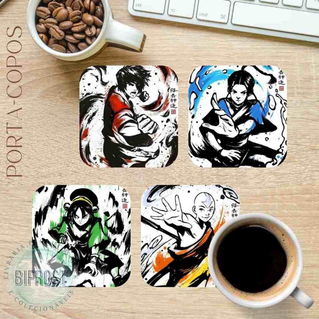 Kit Jogo Porta Copos Avatar Aang, Katara, Sokka, Zuko lindo presente aniversário Geek Otaku