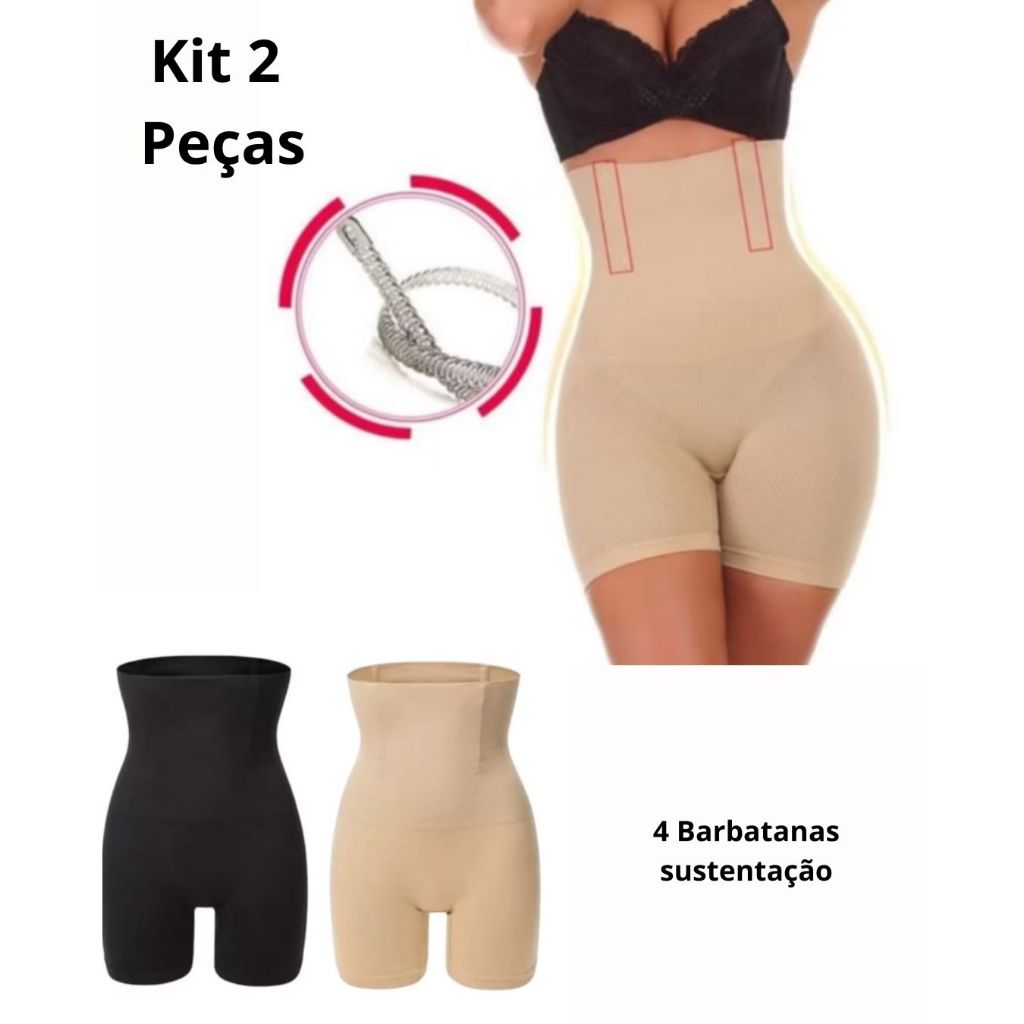 Kit 2 Shorts Cinta Modeladora Feminina Alta Compressão com Barbatanas Reduz Medidas em Oferta na Shopee