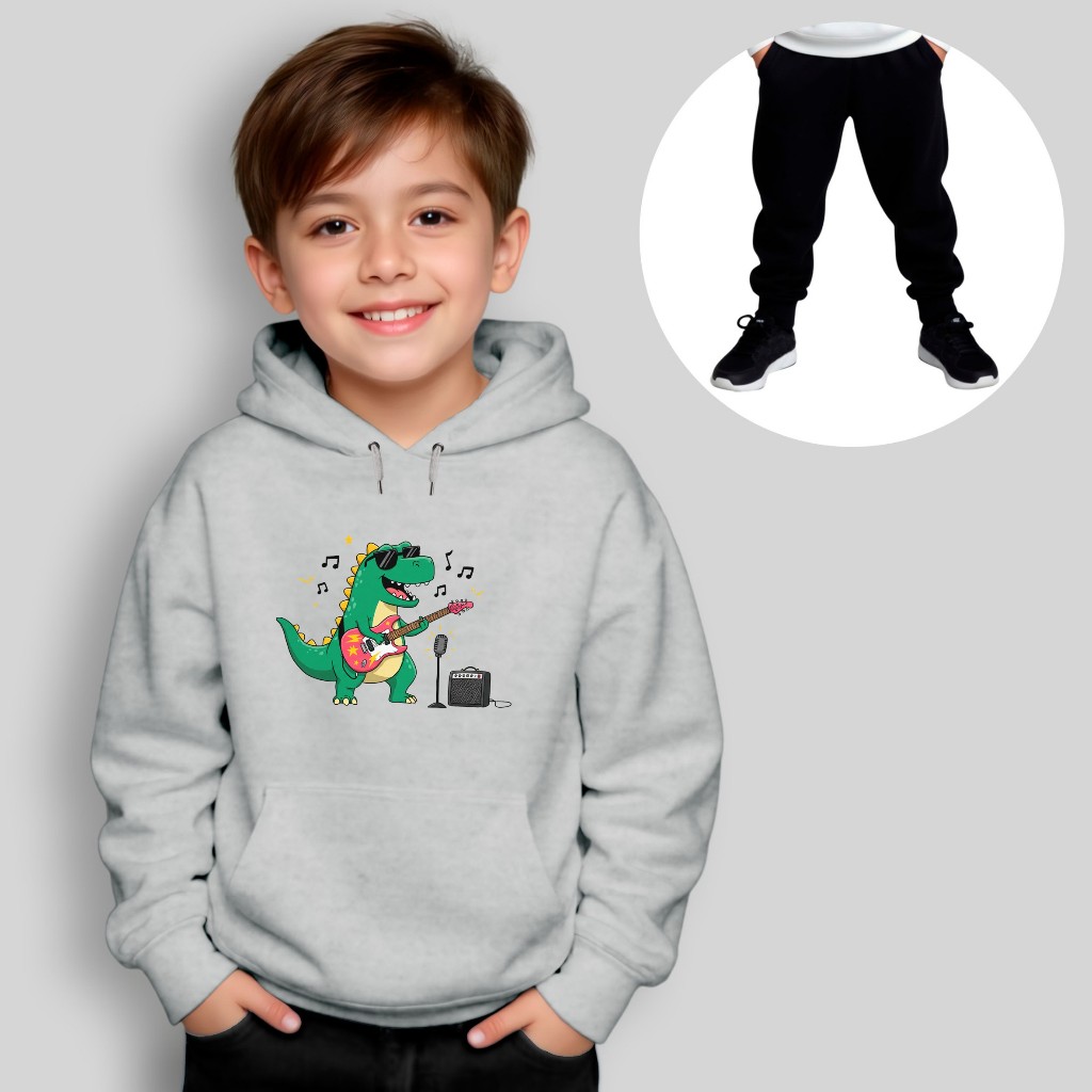 Conjunto Infantil Moletom Dinossauro Rock + Calça Preta – Roupa Quentinha, Divertida, Inverno, Menino e Menina