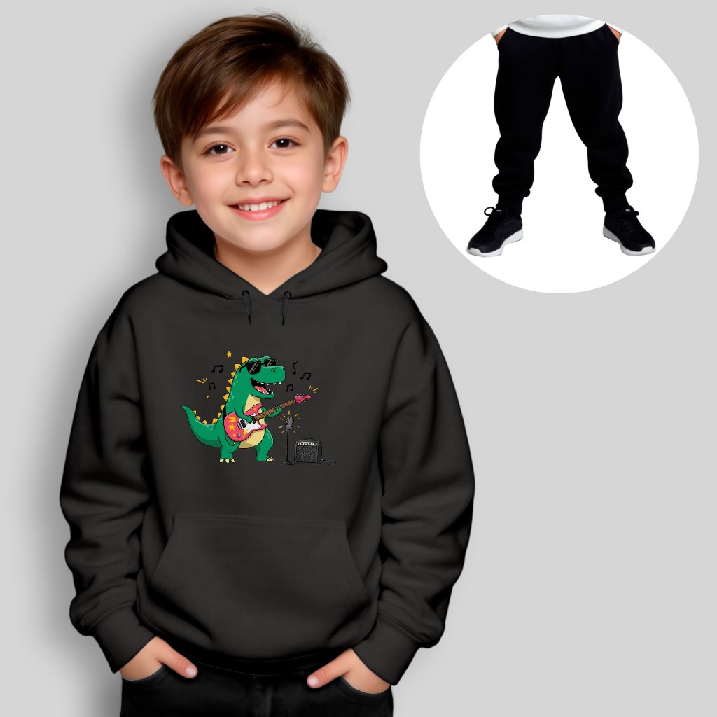 Conjunto Infantil Moletom Dinossauro Rock + Calça Preta – Roupa Quentinha, Divertida, Inverno
