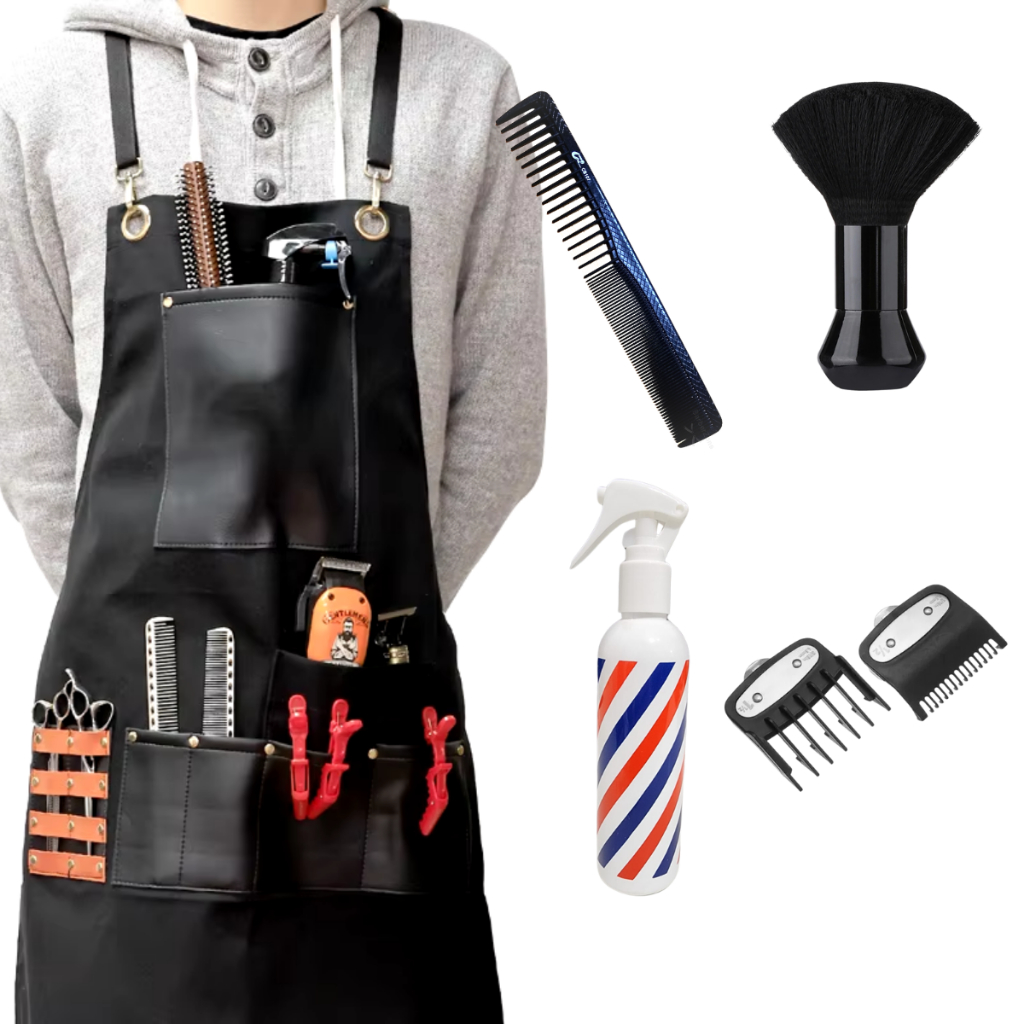 Kit  para Curso de Cabeleireiro e Barbeiro Avental espanador Borrifador  pente carbono borrifador