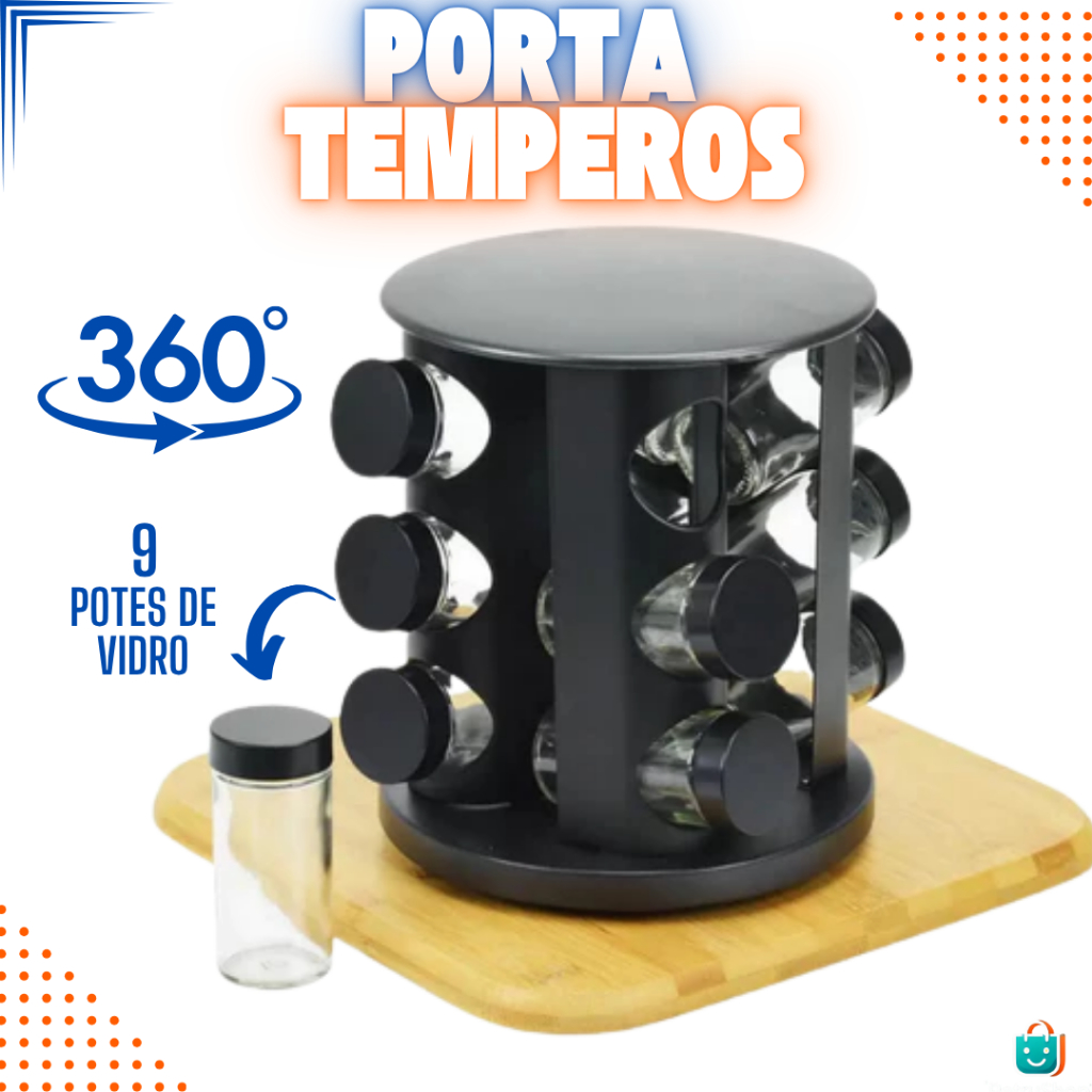 Porta Temperos Condimentos Premium Giratório 9 Potes De Vidro 85 ML Tampa Dosadora Preto