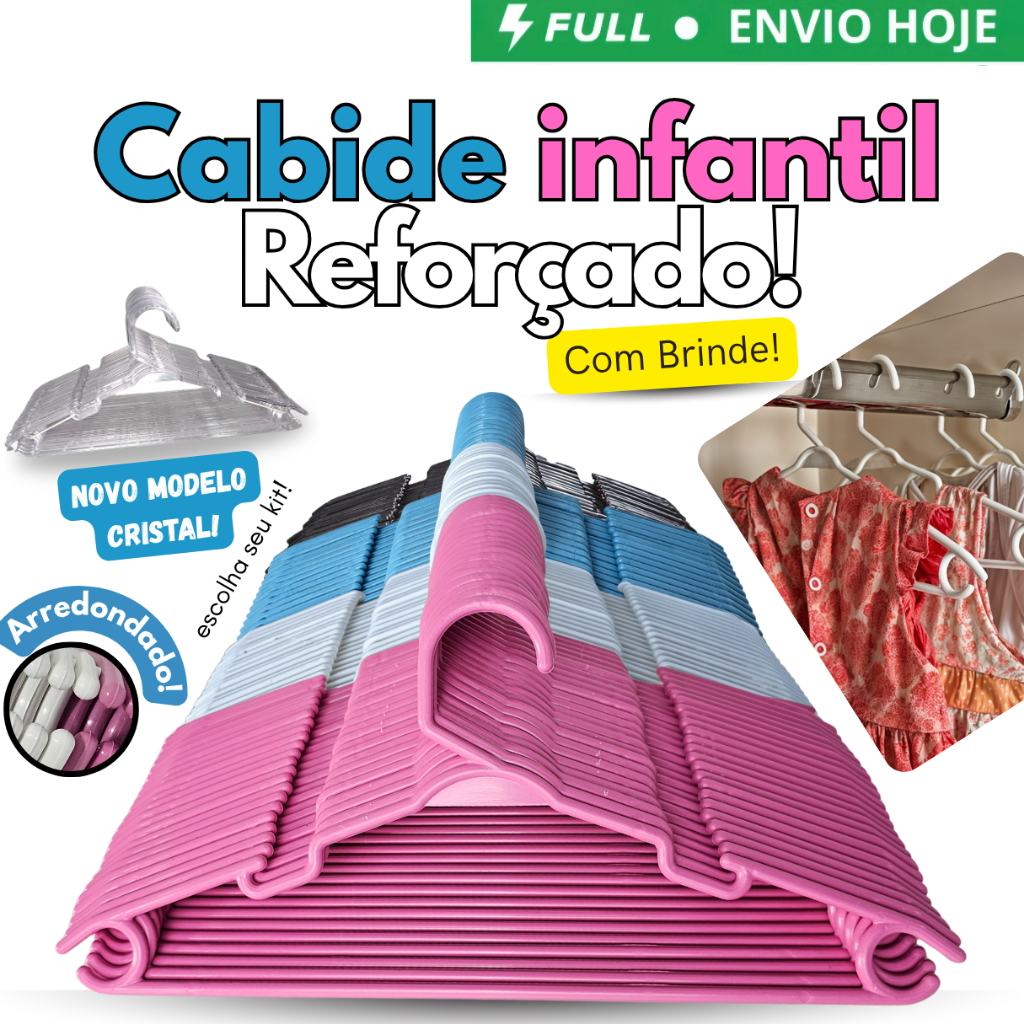 KIT 50 Cabide Reforçado Baby Infantil Juvenil cores.