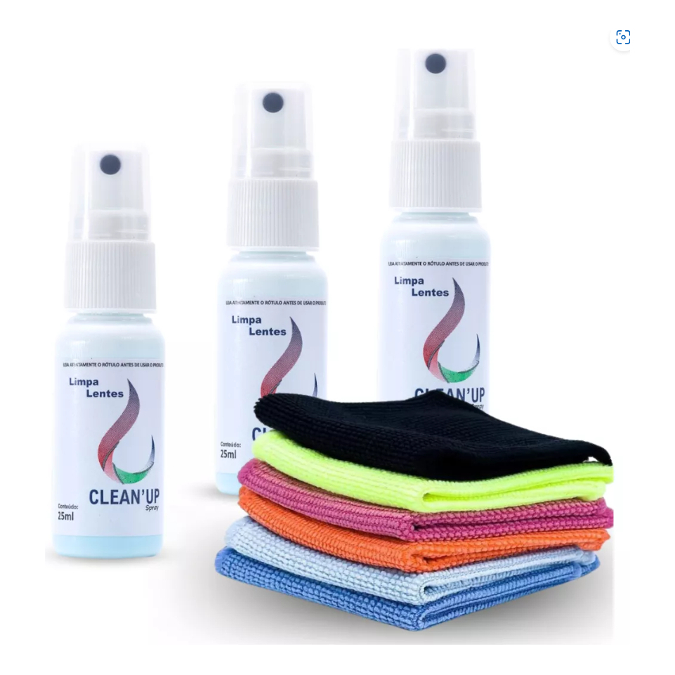 Kit 3 Limpa Lentes Clean Up com Spray + 3 Flanelas Mágicas Para Óculos, Celular, Notebooks e Telas