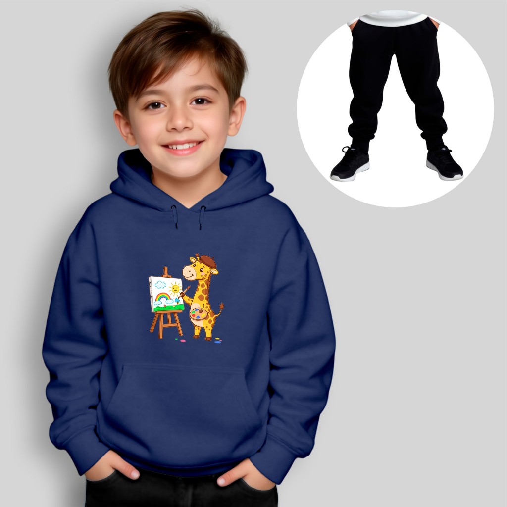 Conjunto Moletom Infantil Canguru + Calça Estampado Girafa Pintora Inverno Menina Menino