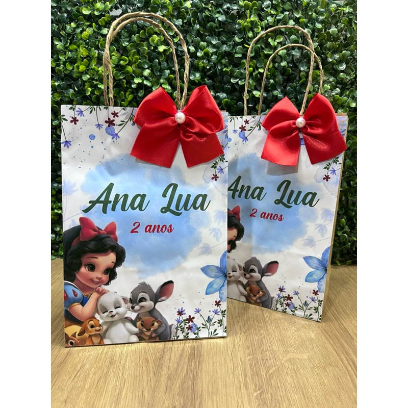 Sacola Kraft Personalizada com Laço 21x16kit 10un  | Lembrancinha Festa Infantil | Tema: Branca de Neve kit 10un