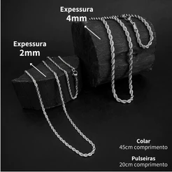 Corrente Colar Pulseira Masculina Feminina Aço Inoxidável Torcida Baiano cor prata 316l Rope Chain