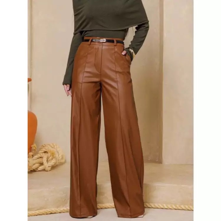 Calça pantalona Couro com BOLSO IMVICIBEL mais cinto brindes elegante em Oferta na Shopee