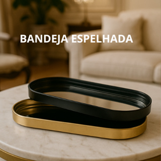 BANDEJA ESPELHADA DECORATIVA MULTIUSO BANHEIRO LAVABO SALA PRETO DOURADO em Oferta na Shopee
