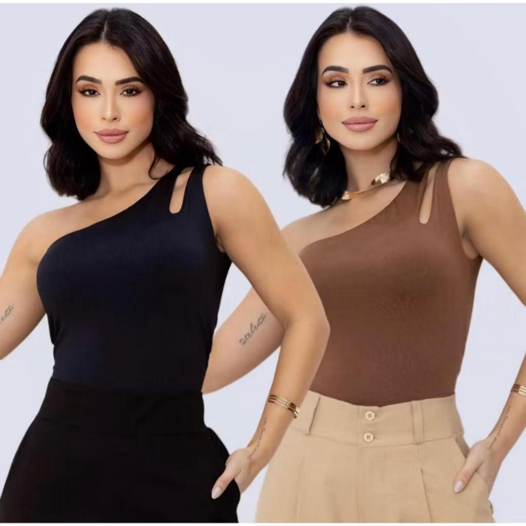 Kit 2 Blusas Nula Feminina Manga Um Obro Abertura na Manga Básica Tecido Suplex Premium co...
