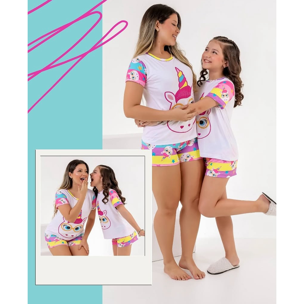￼Kit Short Doll Mãe e Filha(o) Pijama Feminino Roupa de Dormir