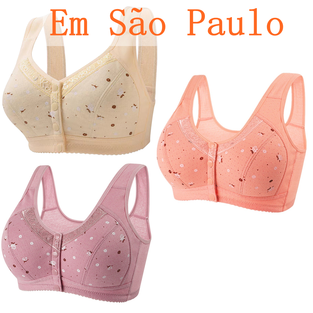 Sutiã Feminino Roupa Interior Plus Size Lingerie Puro Algodão Sem Fio Linha Frontal Botões De Renda Impressão De Borda