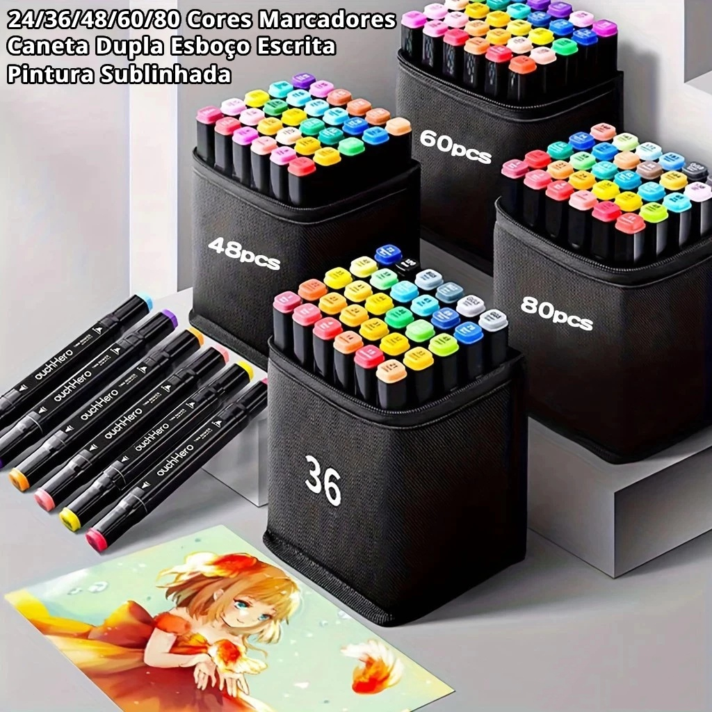 12/24/30/36/48/60/80 Cores Caneta Marcadora De Cabeça Dupla Oleosa Montagem Artística Para Estudantes Material Escolar em Oferta na Shopee