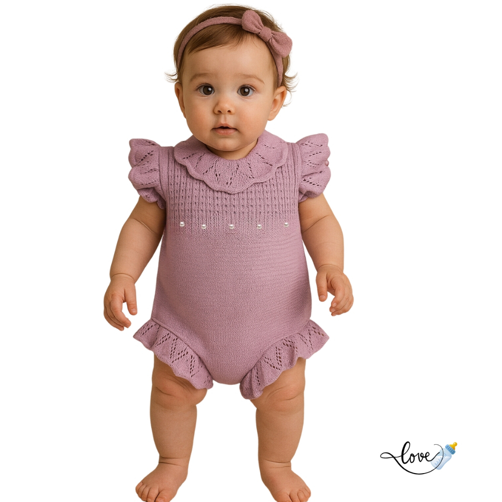 Romper Macaquinho Pérolas Tricô Vestido saia Jardineira body Bebê enxoval Maternidade Floral