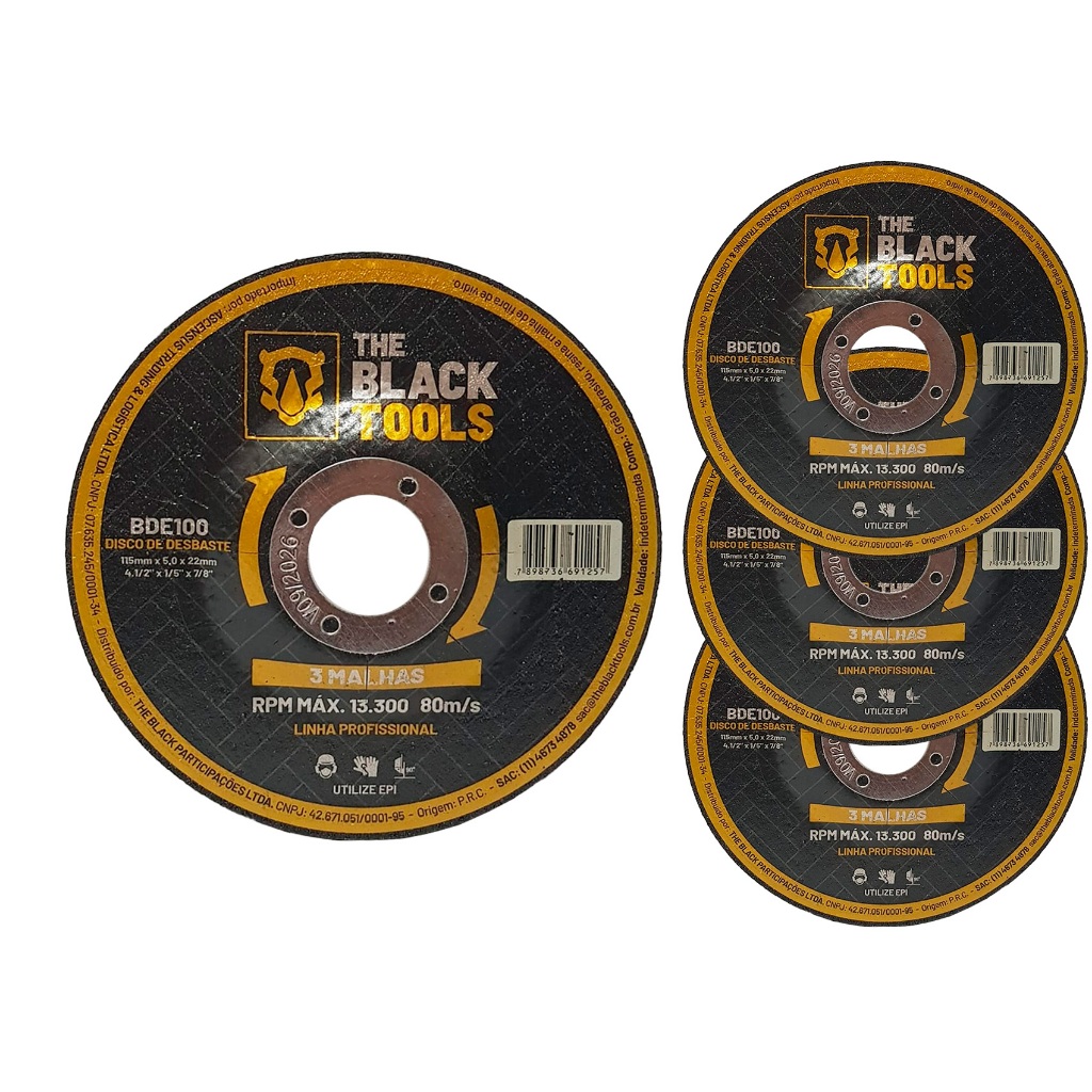 Disco Desbaste Metal 115mm x5mm x 22mm 4.1/2 Pol Kit 04 Peças The Black Tools em Oferta na Shopee