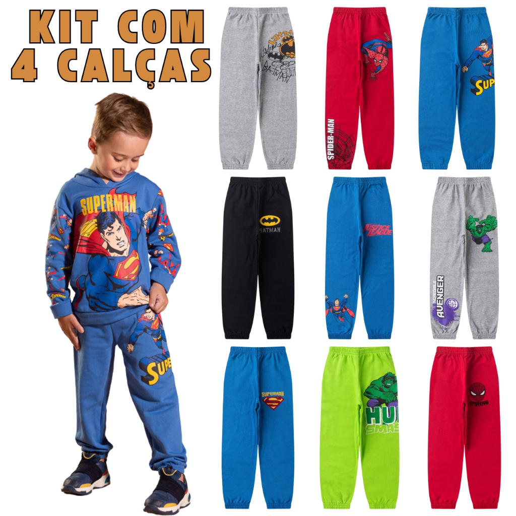 Kit com 04 Calças Moletom Infantil Bebê Menino Flanelada de Frio Super Herois Masculino Personagens em Oferta na Shopee
